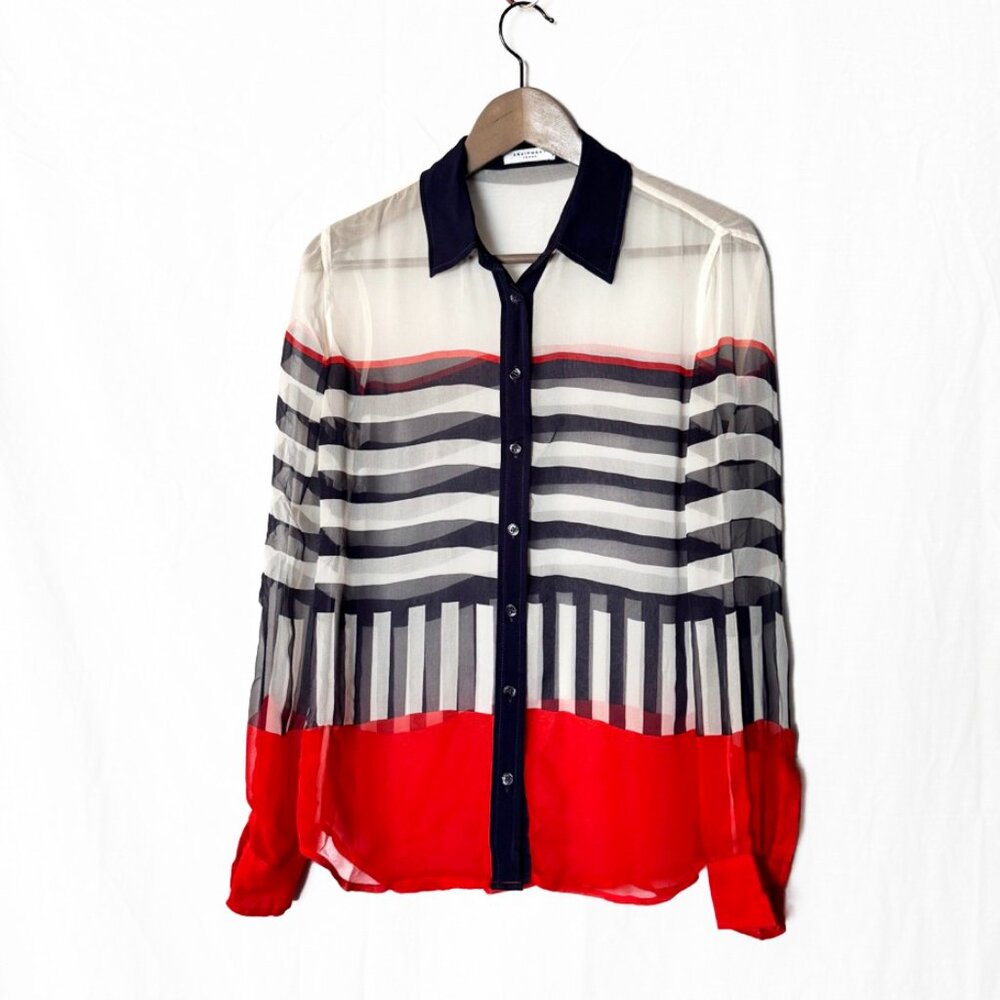 Equipment 100% Silk Sheer Striped Blouse, Red, White, Blue – Size S